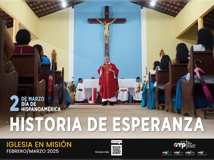 El cartel del Día de Hispanoamérica muestra a un sacerdote predicando en una iglesia