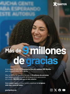 Cartel de la campaña de agradecimiento del Secretariado para el Sostenimiento de la Iglesia con el lema “Más de 9 millones de gracias”.