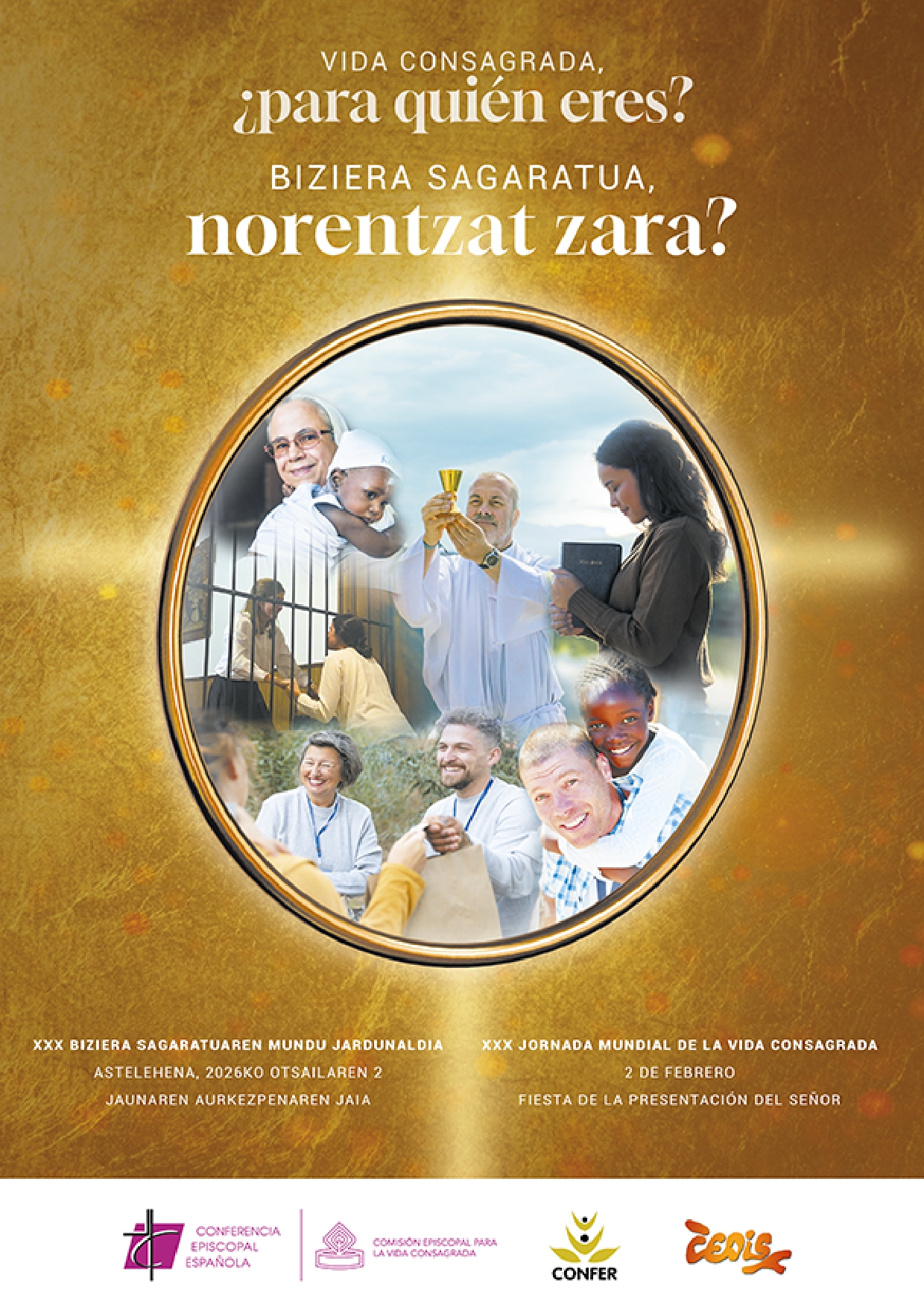 Cartel en castellano de la Jornada Mundial de la Vida Consagrada 2026, con el lema '¿Para quién eres?'